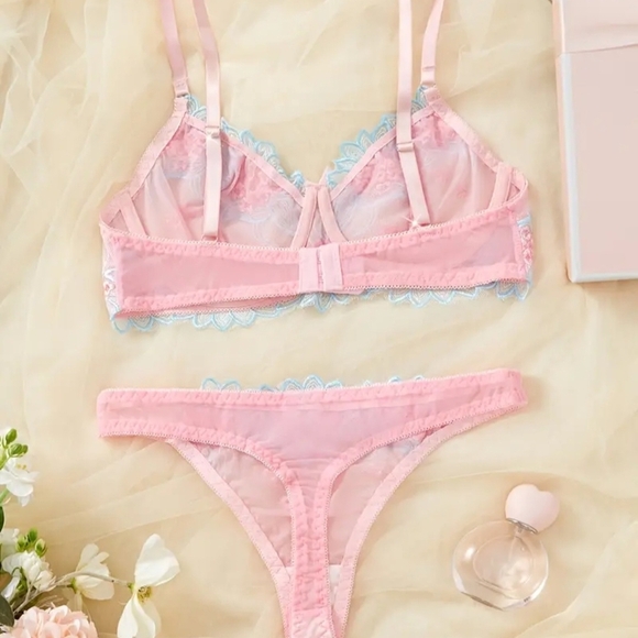 Pastel Pink and Blue Lace Bra & Panty Set. Small. - Picture 2 of 4